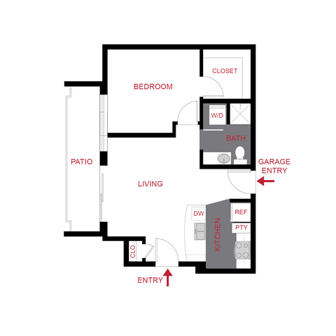 Floor plan for 1 bed, 1 bath, 649 sqft
